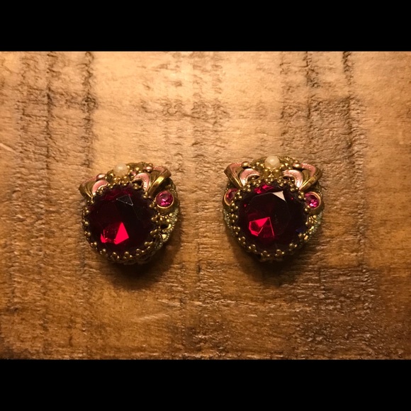 west germany Jewelry - Vintage WGermany Red Stone Filigree Clip Earrings